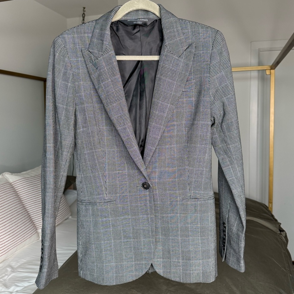 Norma Kamali Plaid Blazer Womens 8 Black Gray Houndstooth Jacket Academia Prep
